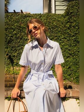 LA MAREGOLD The Juliette Dress in Sky Stripe Blue White Size Medium VGUC